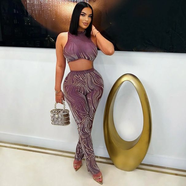 Women's Clothing Two Piece Suit Fashion Round Neck Sexy Sleeveless Short Top With Slim Pencil Pants_ecoleips.com