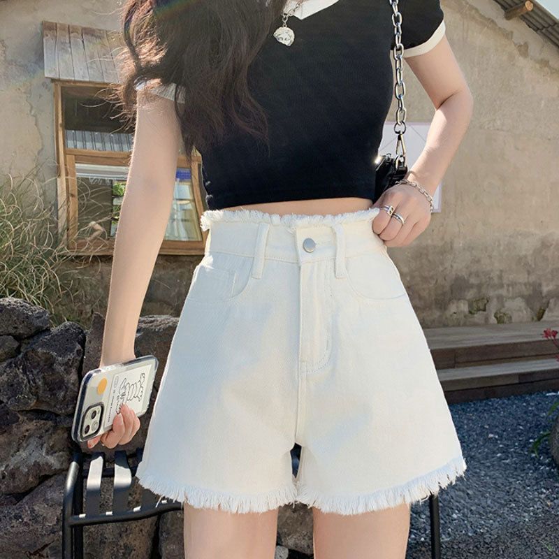 Women's High-Waisted Wide Leg Denim Shorts Casual Thin Style Slimming A-Line Hot Pants Frayed Hem Trendy Petite Versatile_ecoleips.com
