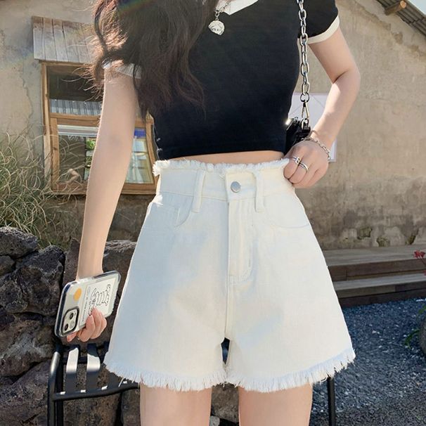 Women's High-Waisted Wide Leg Denim Shorts Casual Thin Style Slimming A-Line Hot Pants Frayed Hem Trendy Petite Versatile_ecoleips.com