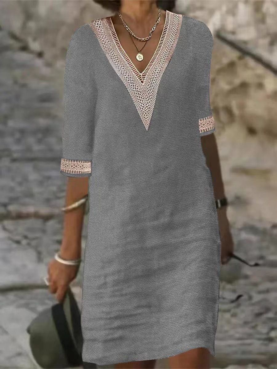 Women's Clothing Women's Style Solid Color V Neck Mid Sleeve Cotton Linen Casual Dresses Lace Trimmed For Formal & Casual_ecoleips.com