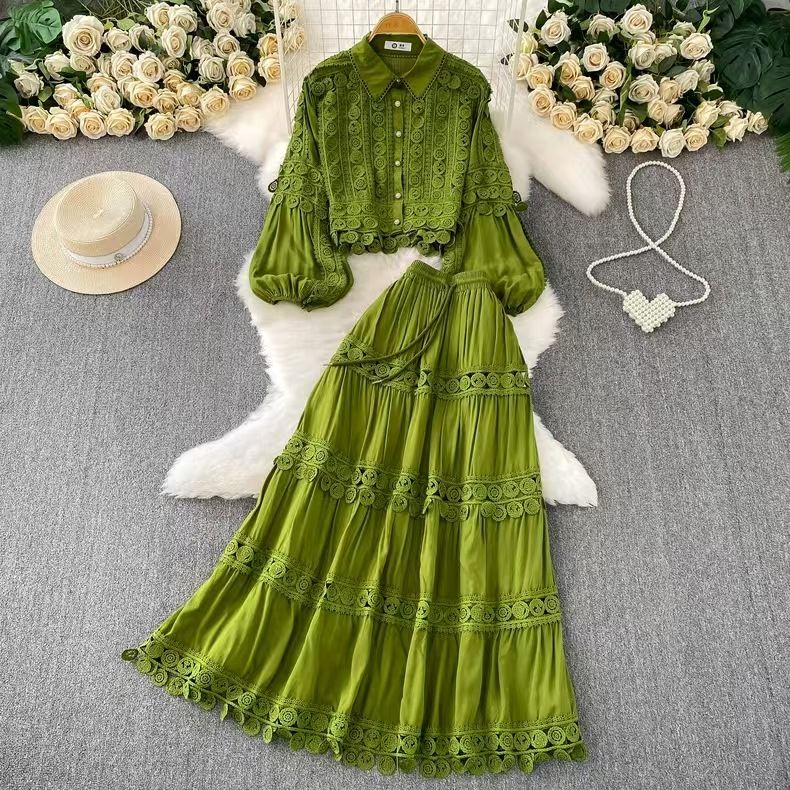 Women's French Retro Heavy Hollow Lace Splicing Lantern Sleeve Short Shirt High Waist Big Swing Skirt Autumn Set_ecoleips.com