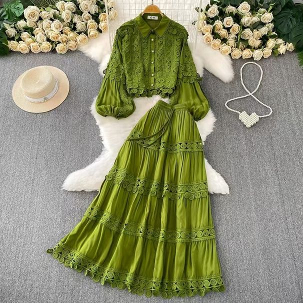 Women's French Retro Heavy Hollow Lace Splicing Lantern Sleeve Short Shirt High Waist Big Swing Skirt Autumn Set_ecoleips.com
