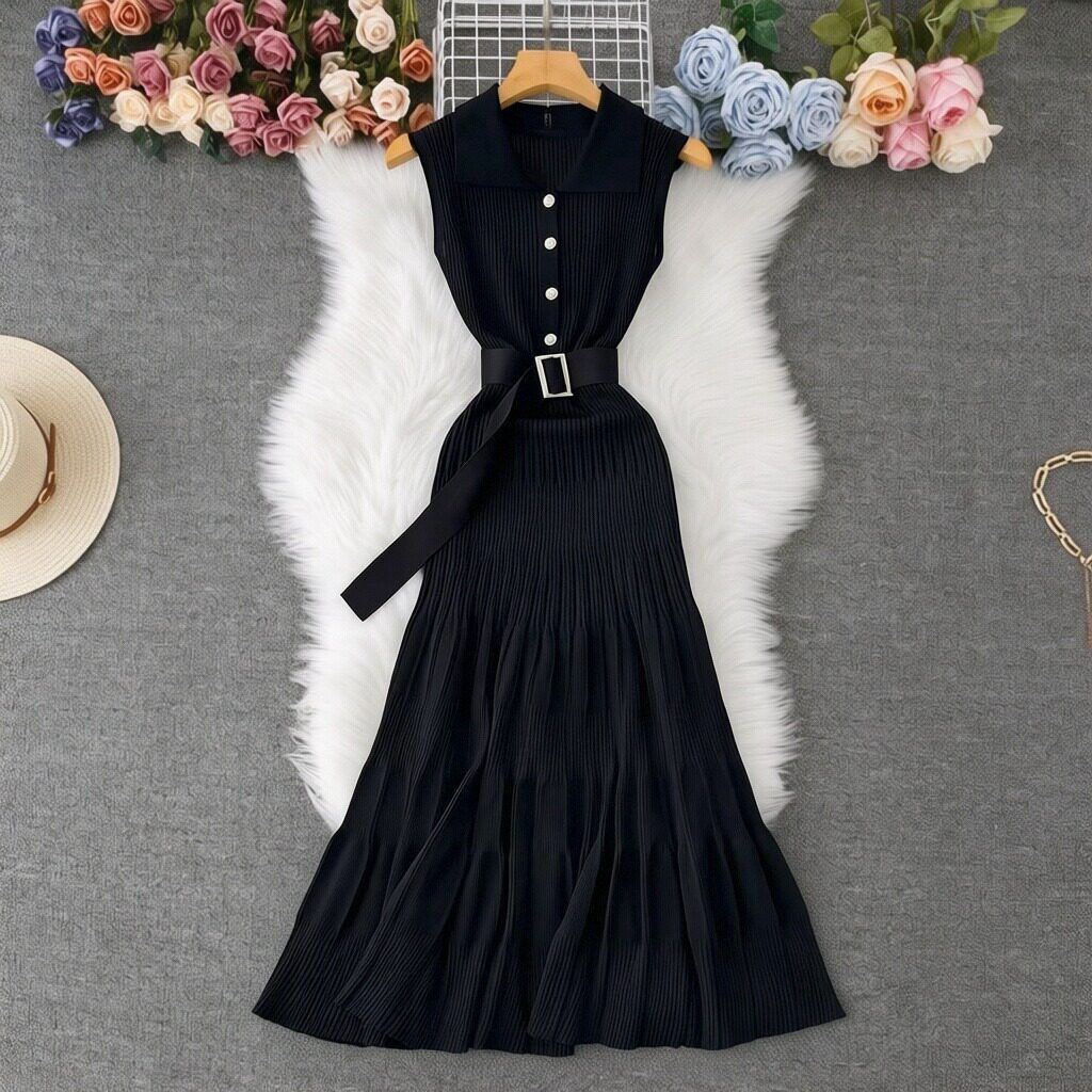Polo Collar Dress Striped Sleeveless Knit Slim Waist Skirt_ecoleips.com