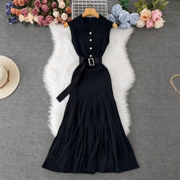 Polo Collar Dress Striped Sleeveless Knit Slim Waist Skirt_ecoleips.com