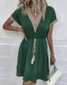 Women's Clothing Solid Color Short Sleeved Lace V Neck Waist Dress_ecoleips.com