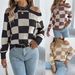 Autumn And Winter New Casual Off-shoulder Color-blocking Plaid Lantern Long-sleeve Sweater Women's Clothing_ecoleips.com