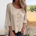 Women's Clothing Elegant Linen Blend Shirt Long Sleeve Round Neck Top Work Casual Breathable Cotton Linen Fabric Relaxed Fit With Patchwork Detail_ecoleips.com