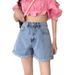 Women's High-Waisted Wide-Leg Denim Shorts Korean Style Summer 2021 Slimming Loose Fit Rolled up Hem Trendy Hot Pants_ecoleips.com