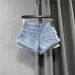 Women's Light Blue Rolled Cuff Denim Shorts, Distressed Casual Jean Shorts With White Inner Layer, Low Waist Summer Streetwear Shorts For Daily Outdoo_ecoleips.com