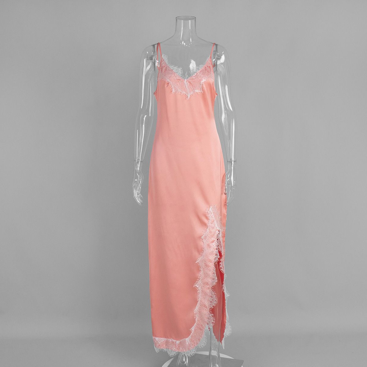 Women's Lace Trimmed Spaghetti Strap Maxi Dress Summer Sexy Slit Patchwork Faux Silk European American Style Dress_ecoleips.com