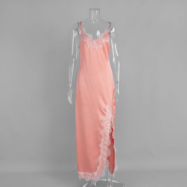 Women's Lace Trimmed Spaghetti Strap Maxi Dress Summer Sexy Slit Patchwork Faux Silk European American Style Dress_ecoleips.com