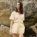 Lace Trim V-Neck Top & Tie-Waist Shorts Set – 100% Cotton Summer Outfit For Women (Yellow) Versatile Neutrals_ecoleips.com