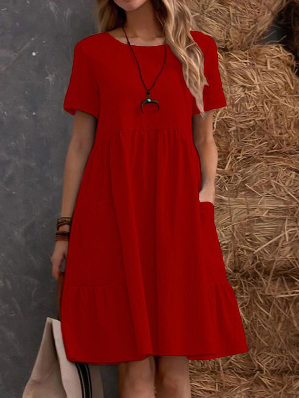 Solid Color Round Neck Short Sleeve Dress For Women Loose Fitting With Pockets Popular Style_ecoleips.com