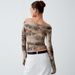Voya Women's European And American Style Retro 3D Print Sexy Off-Shoulder Ruched Crop Top Slim Fit T-Shirt For Women 2024 Spring New_ecoleips.com
