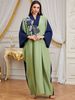 Women's Long Robe Dress Color Blocking Embroidery V Neck Loose Fit Muslim Fashion Cross Border Style_ecoleips.com