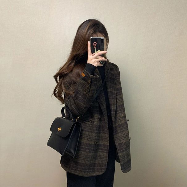 2025 New Woolen Blazer High-End Vintage Thick Plaid Coat For Women Trendy A8295_ecoleips.com