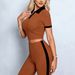 Summer New Women's Polo Collar Color Block Two Piece Set Ribbed Knit Short Top High Waisted Wide Leg Pants_ecoleips.com