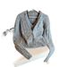 French Lace Trimmed Halterneck Fake Two-Piece Cardigan Layered With Plush Soft Waxy Gray Sweater Top_ecoleips.com