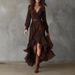 2026 Spring European American Cross-Border Bohemian Style Irregular Dress With Long Sleeves, V-Neck, And Lace Trim_ecoleips.com