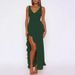 Women's Clothing V Neck Side Slit Ruffles Long Skirt Dress_ecoleips.com