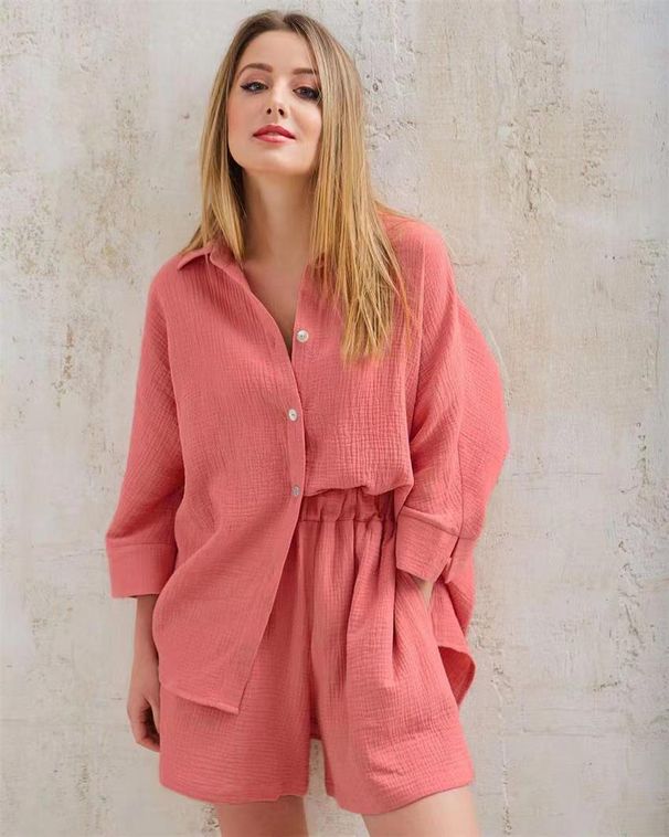 Women's Clothing New Summer 100% Cotton Zou Yarn Lapel Button Three Quarter Sleeve Casual Shirt Shorts Two Piece Suit_ecoleips.com