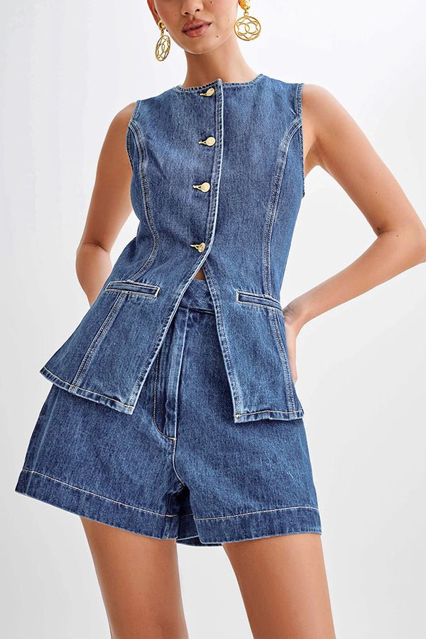 European And American Style Summer Women's Denim Two Piece Set Fashionable Casual Sleeveless Denim Crop Top + High-waisted Denim Shorts Women's Suit_ecoleips.com