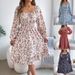 Spring/Summer Women's Elegant Floral Square Neck Long Sleeve Fitted Waist Ruffle A-Line Skirt Casual Thin Dress for Ages 16-45_ecoleips.com