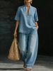 Men's Retro Denim Outfit Set V-Neck Short Sleeve Top And Relaxed Fit Jeans 90s Vintage Distressed Wash Casual Streetwear_ecoleips.com