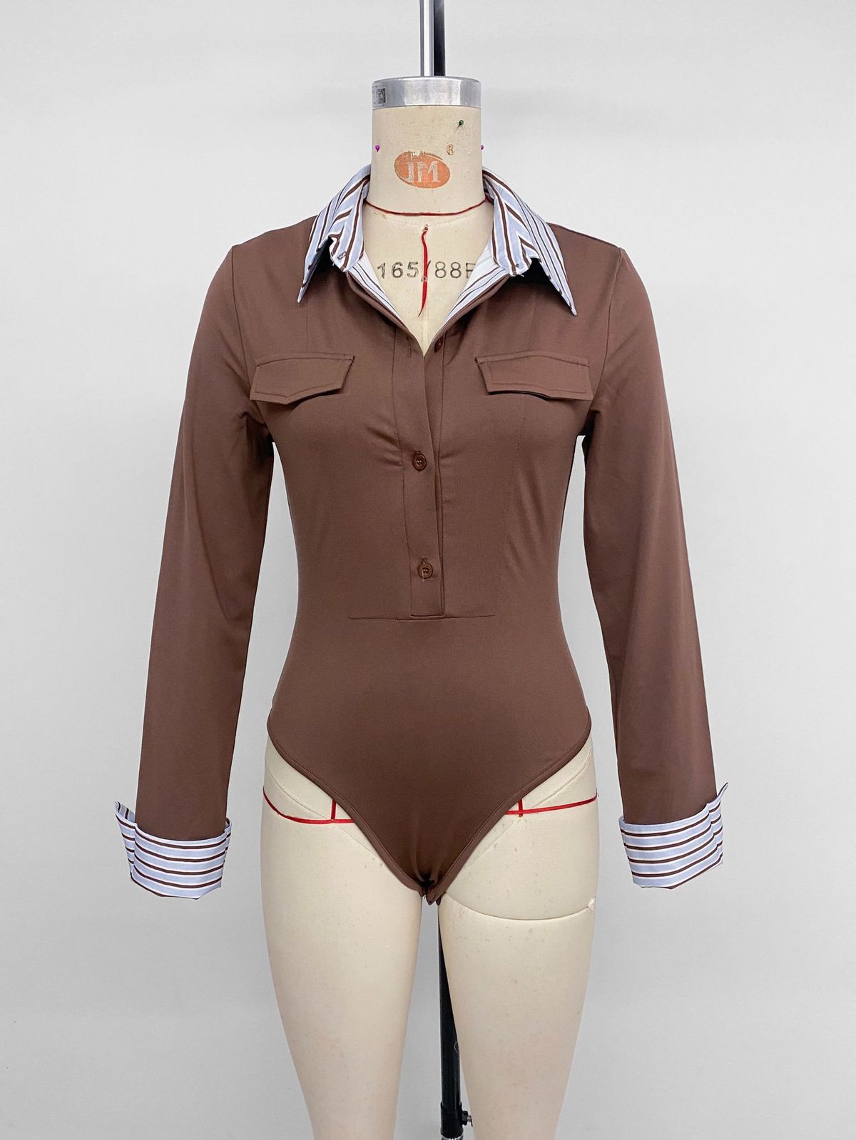 K New Commuting Sweet And Light Mature Style Fake Two-piece Striped Shirt Collar Long Sleeved Slim Fit Jumpsuit_ecoleips.com