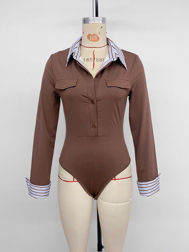 K New Commuting Sweet And Light Mature Style Fake Two-piece Striped Shirt Collar Long Sleeved Slim Fit Jumpsuit_ecoleips.com