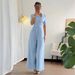Elegant Blue Slanted Neck Belted Slim Fit Jumpsuit For Women Spring And Summer American Style_ecoleips.com