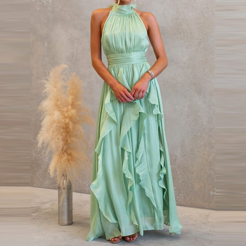 Sexy Lady Halter Sleeveless Evening Dress Casual Ruffle Pleated Solid Color Long Dress Fashion Summer Sleeveless Holiday Dresses_ecoleips.com