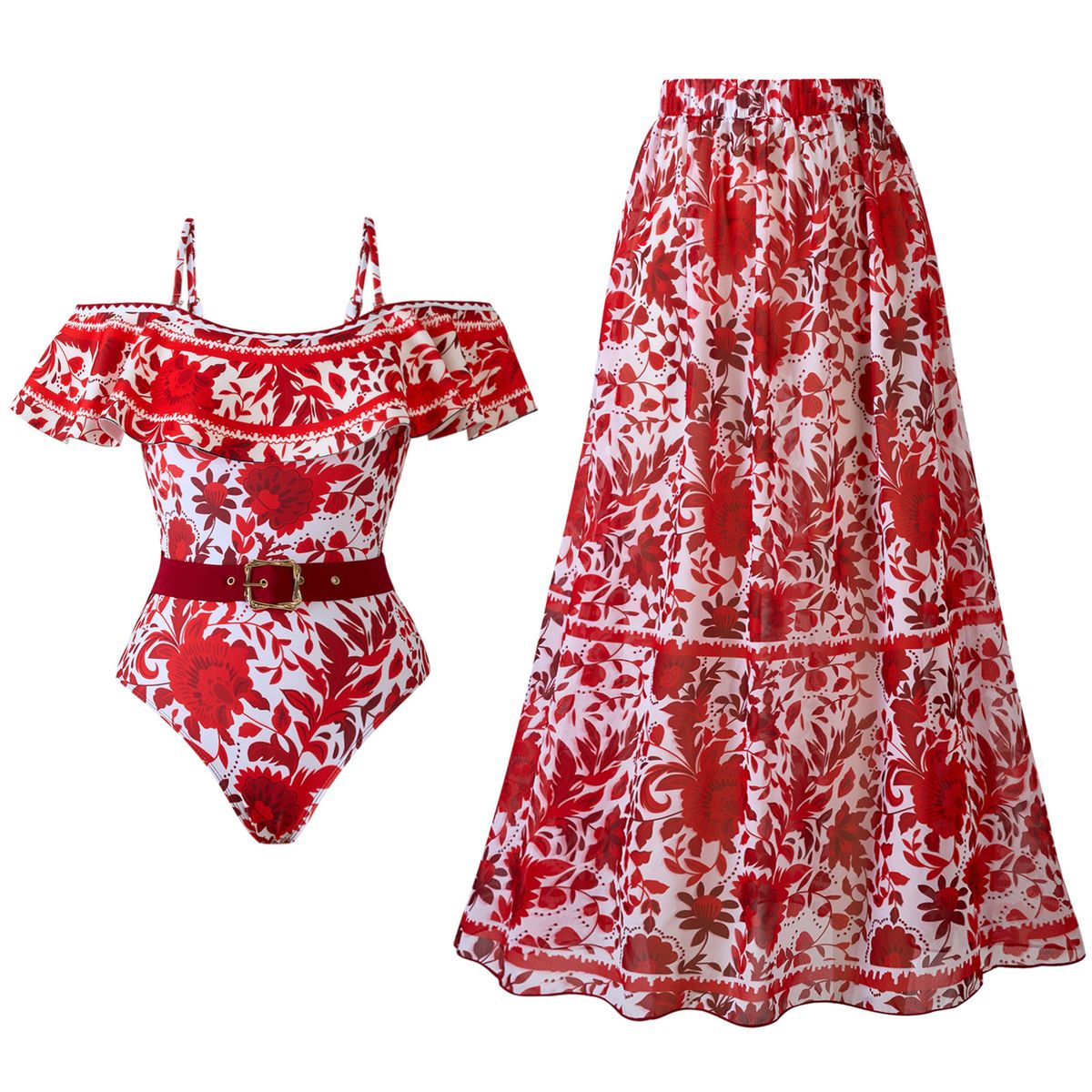 Fashionable Sexy One Piece Swimsuit Set For Women With Chiffon Skirt Retro Print Swimwear_ecoleips.com