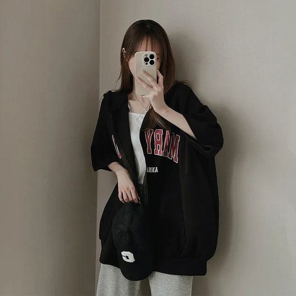 Women's Short Sleeved Cardigan Grey Sweatshirt Korean Style Sporty Loose Hoodie with Zipper Spring Summer 2023 Unique Design_ecoleips.com