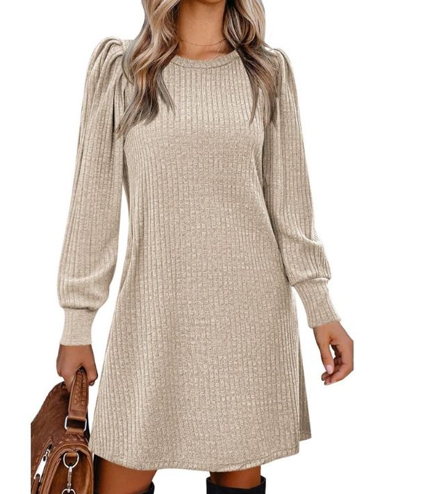 Stylish Women's Knitted Puff Sleeves Long Sleeves Fall Winter Crew Neck Casual Loose Dress With Pockets_ecoleips.com