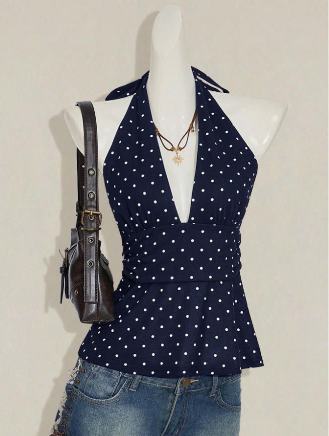 Sleeveless Backless Halter Neck Bodycon Top For Women, Sexy Polka Dot Short Cami With High Elasticity, Elegant Daily Wear_ecoleips.com