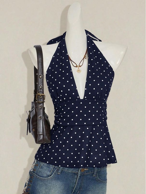 Sleeveless Backless Halter Neck Bodycon Top For Women, Sexy Polka Dot Short Cami With High Elasticity, Elegant Daily Wear_ecoleips.com
