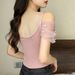 Summer Design Sense One-word Neck Mesh Stitching Off-shoulder Knitted Sweater Women's Short-sleeved T-shirt Vest_ecoleips.com
