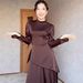 Women's Long Sleeved Midi Dress Fitted Waist Exotic Tie Up Design Solid Color Slimming Effect European American Style For Spring_ecoleips.com
