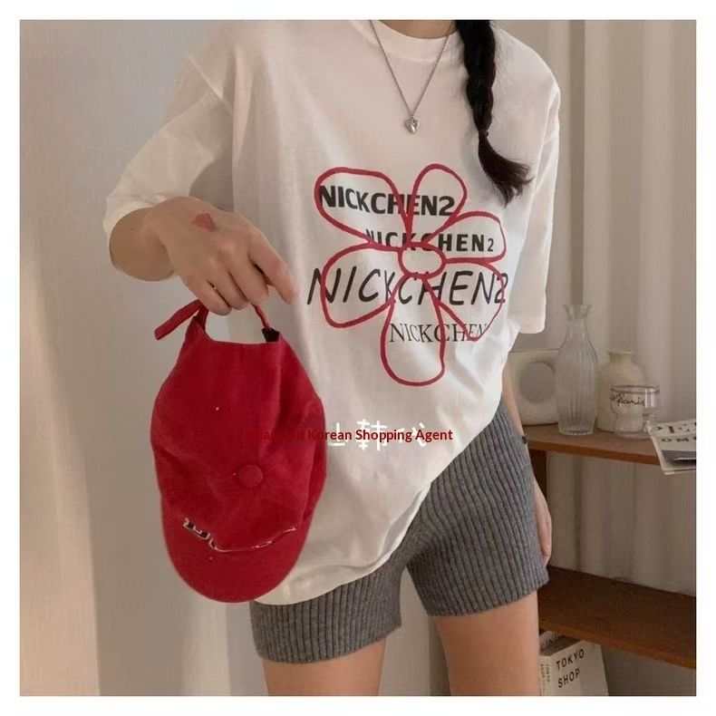 South Korea Foreign Trade Korean Version New Short Sleeve T-shirt Women's Summer Base Round Neck Loose Printed Top_ecoleips.com