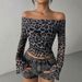 Women's Leopard Print Off-Shoulder Long Sleeve T-Shirt European American Style Fashion Sexy Top_ecoleips.com