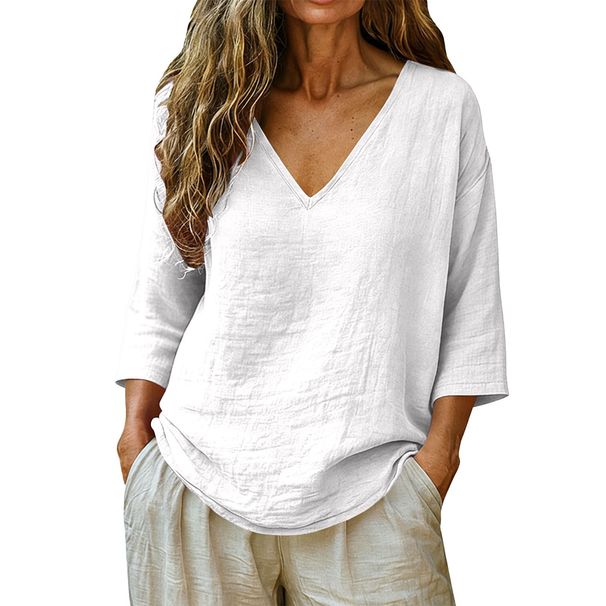 2026 Spring/Summer New Women's Casual Loose Fashion Slub Cotton Mid-Sleeve V-Neck Top_ecoleips.com