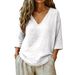 2026 Spring/Summer New Women's Casual Loose Fashion Slub Cotton Mid-Sleeve V-Neck Top_ecoleips.com