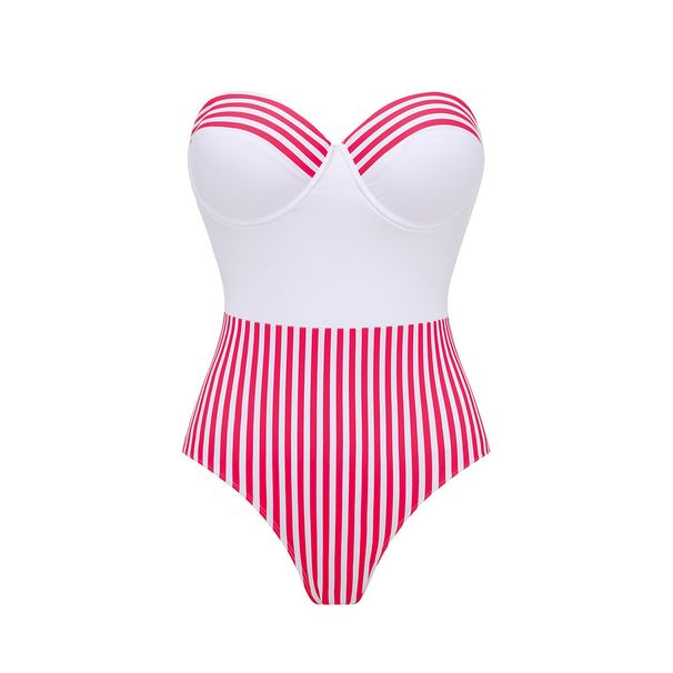 Women's Striped Strapless One Piece Swimsuit Swimwear Set_ecoleips.com