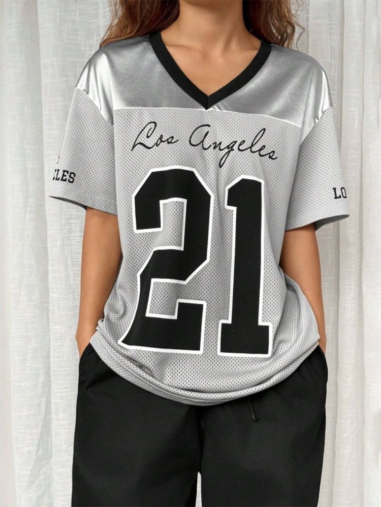 Women's Graphic Print V-Neck T-Shirt Loose Fit Casual Tee Digital Color Block Design Sporty Top Silver Pink S-L_ecoleips.com