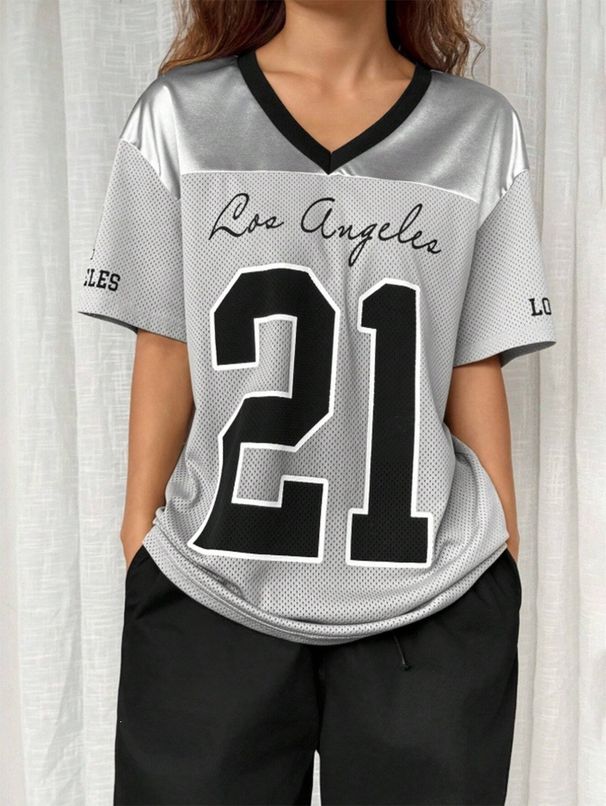 Women's Graphic Print V-Neck T-Shirt Loose Fit Casual Tee Digital Color Block Design Sporty Top Silver Pink S-L_ecoleips.com