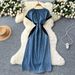 Women's Clothing Retro Elegant Denim Dress Women Summer High Grade Heavy Diamond Embroidery Waist V Neck Short Sleeved Long Dress_ecoleips.com