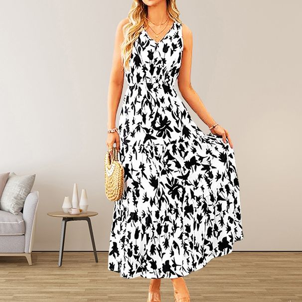 Women Summer Casual Dress New Stylish Sleeveless Design With Flattering V‑Neck And All‑Over Print_ecoleips.com