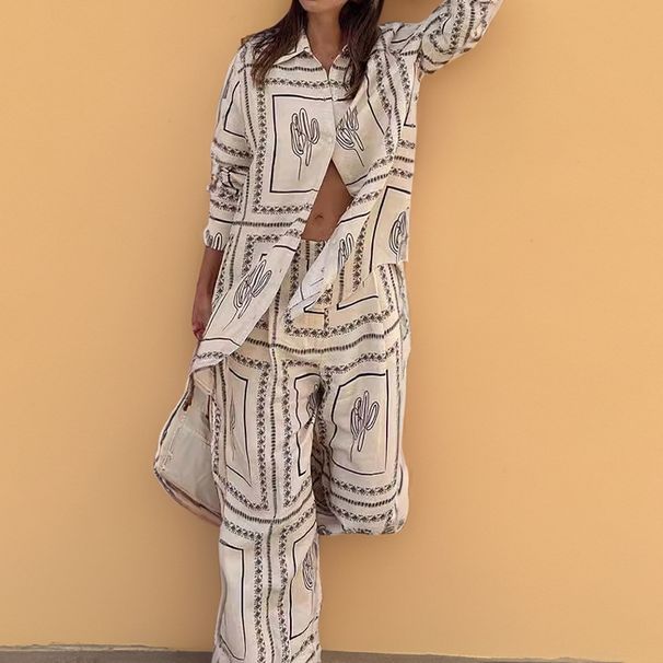 Women's Long Sleeved Shirt And Wide Leg Pants Fashion Set For Early Autumn Home And Casual Wear_ecoleips.com