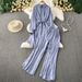 Korean Style Vintage Inspired Women's Clothing Set with Lantern Sleeves High Waisted Slimming Wide Leg Pants Rhinestone Embellishments Single Breasted Shirt_ecoleips.com